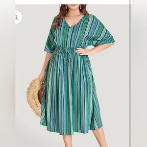 NWT bloomchic 28 green Striped V-Neck Midi Dress